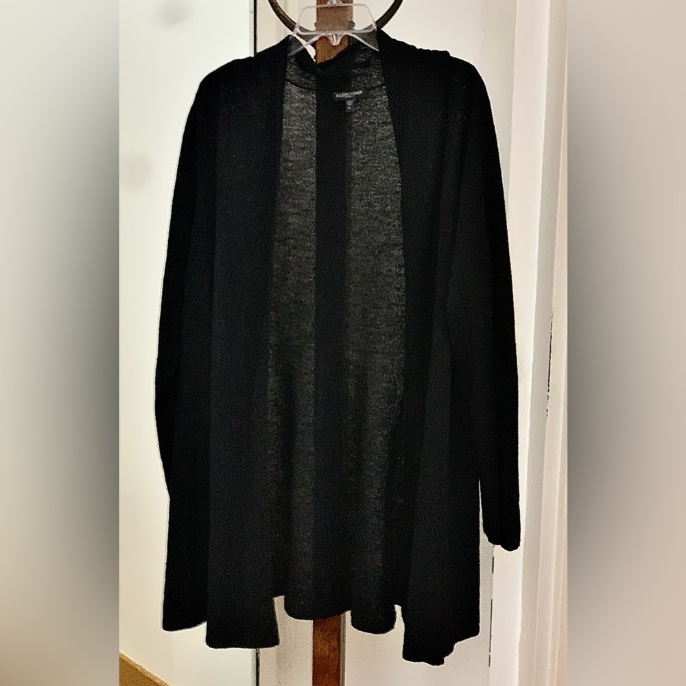 Women's XL Black Wool Crepe Eileen Fisher Open Front Cardigan